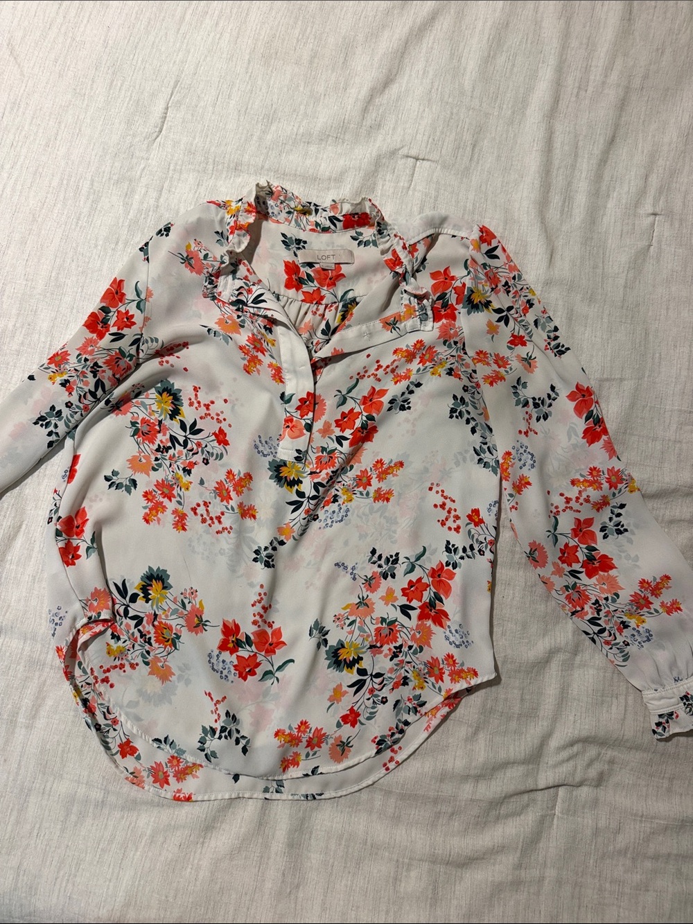 LOFT White Floral Ruffle-Neck Blouse